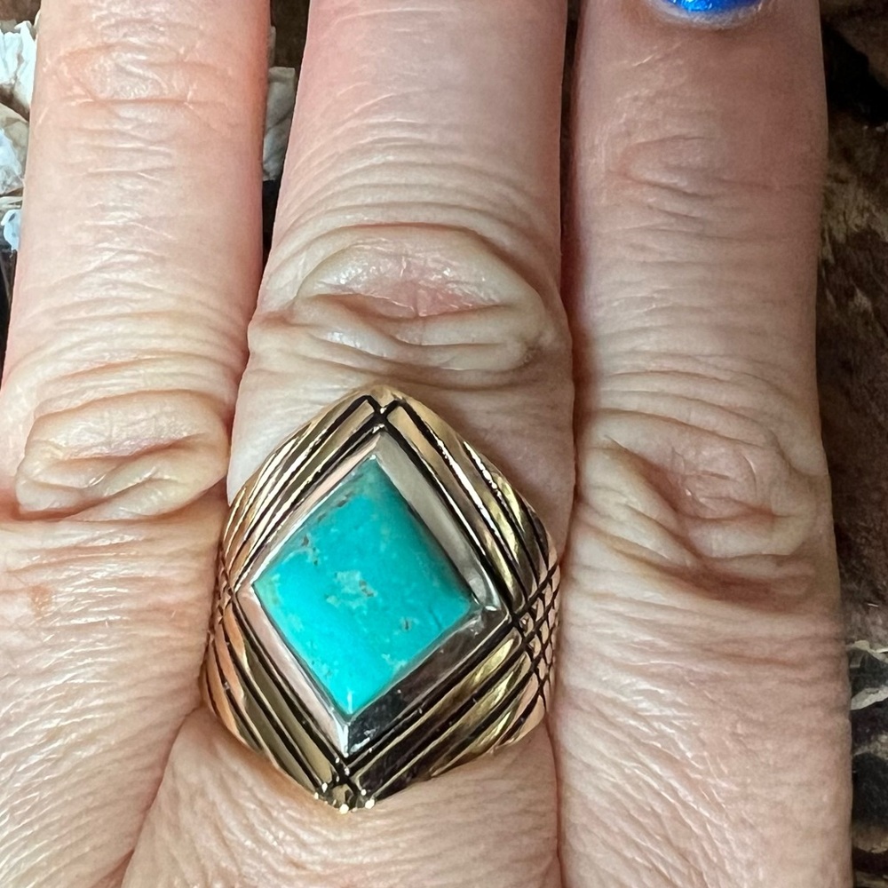 New Barse Thailand Real Turquoise Ring Size 7.75 Sterling @ Bronze Modernist